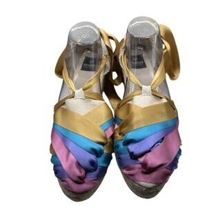 Sevillas Women Multicolored Ribbon Wedge Espadrille Sandals Gold Ties Size 42